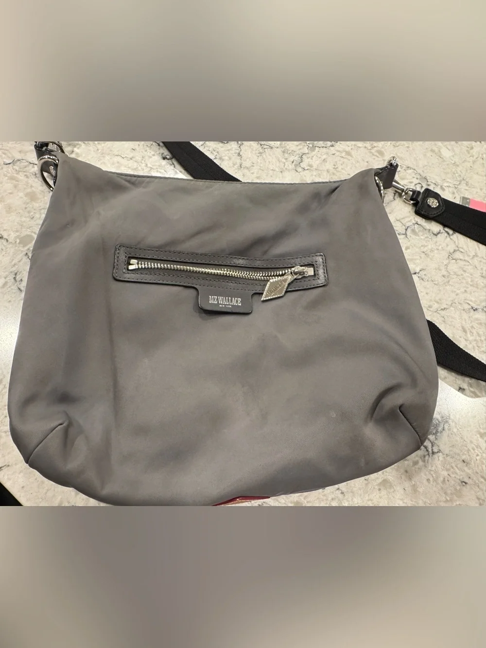 MZ Wallace Gray Nylon Hobo Shoulder Bag Silver Hardware Lightweight Purse